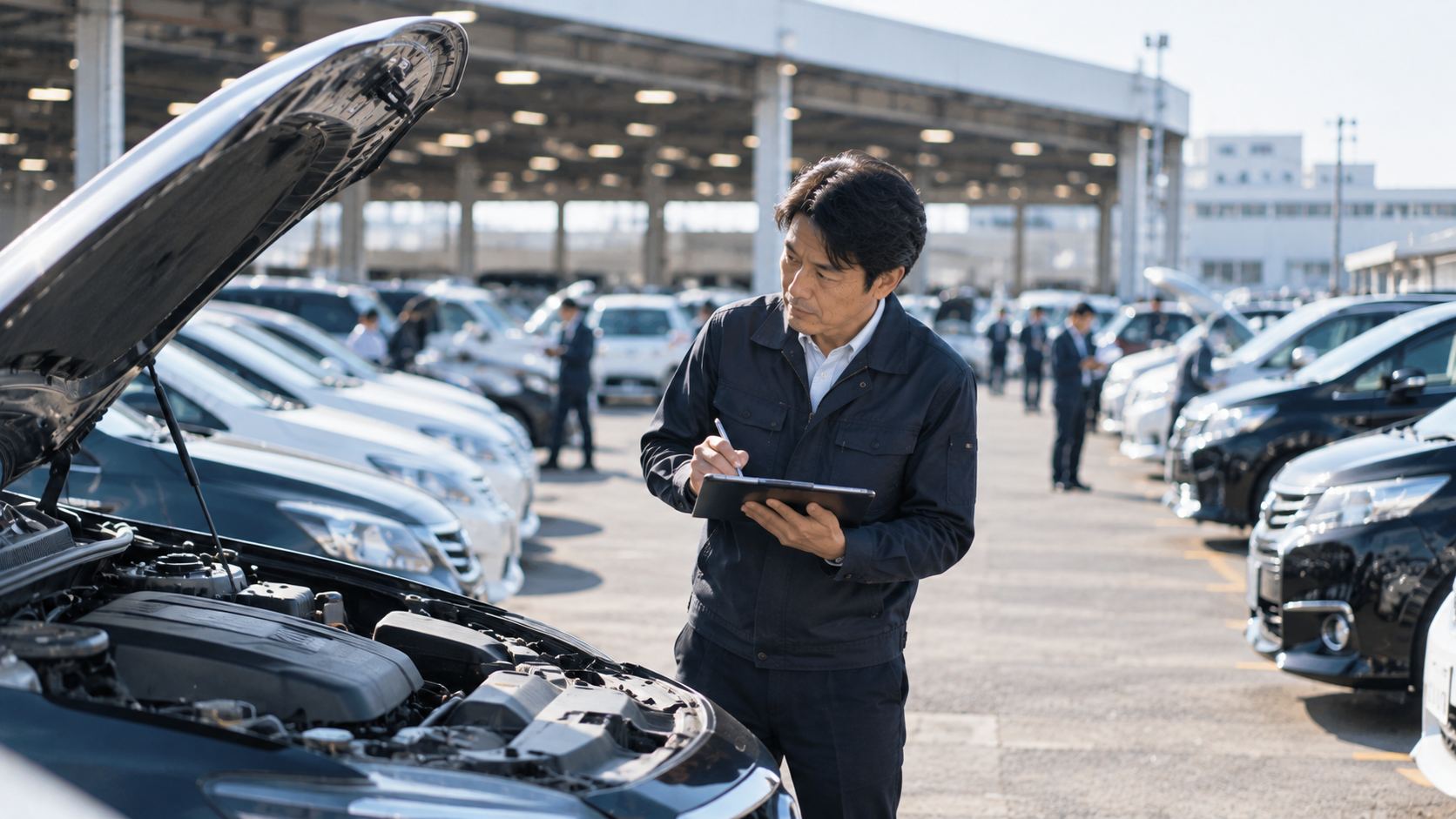 オークション会場で車両の状態を記録する様子