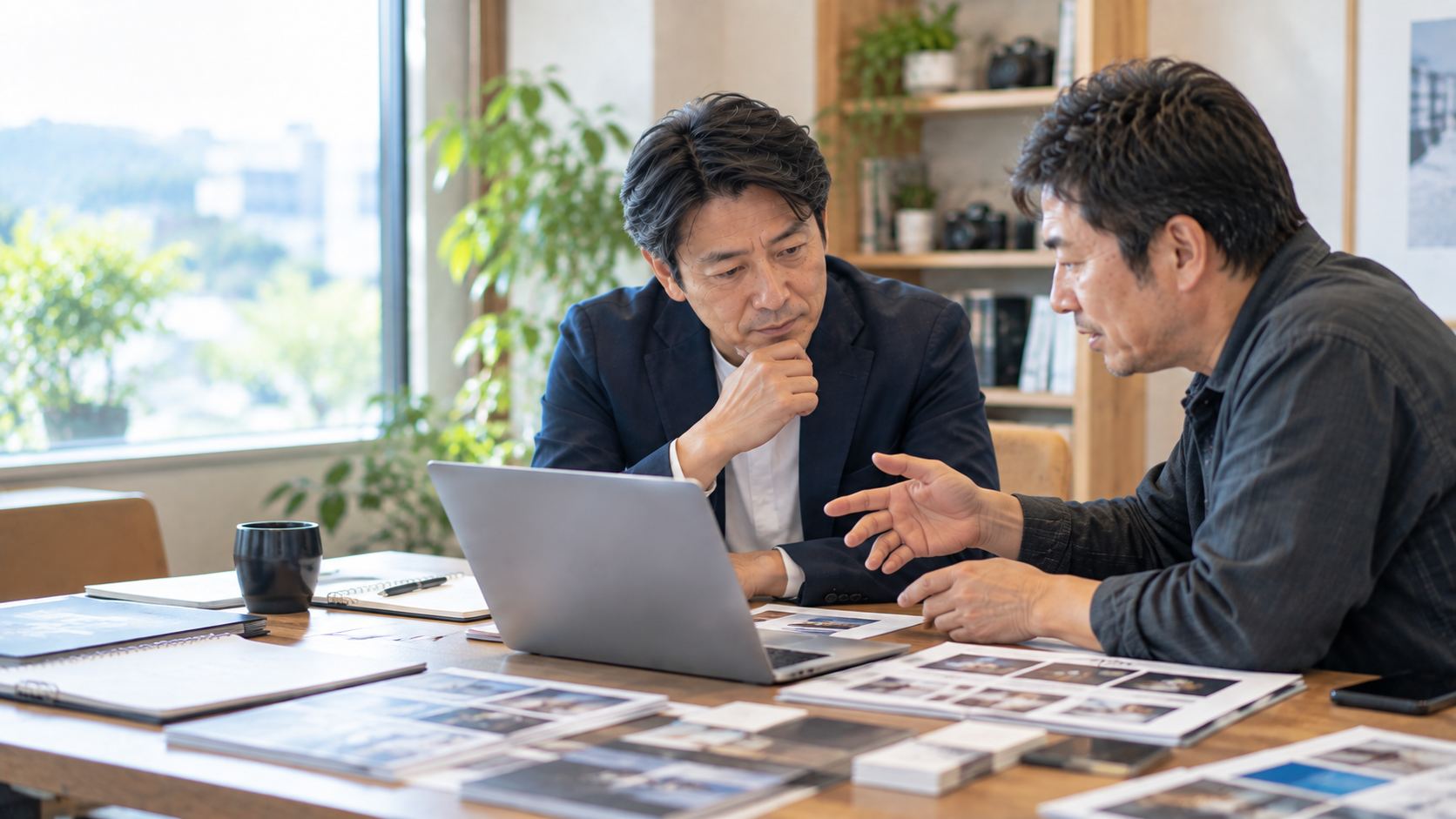 窓辺のテーブルで資料を広げて打ち合わせる様子