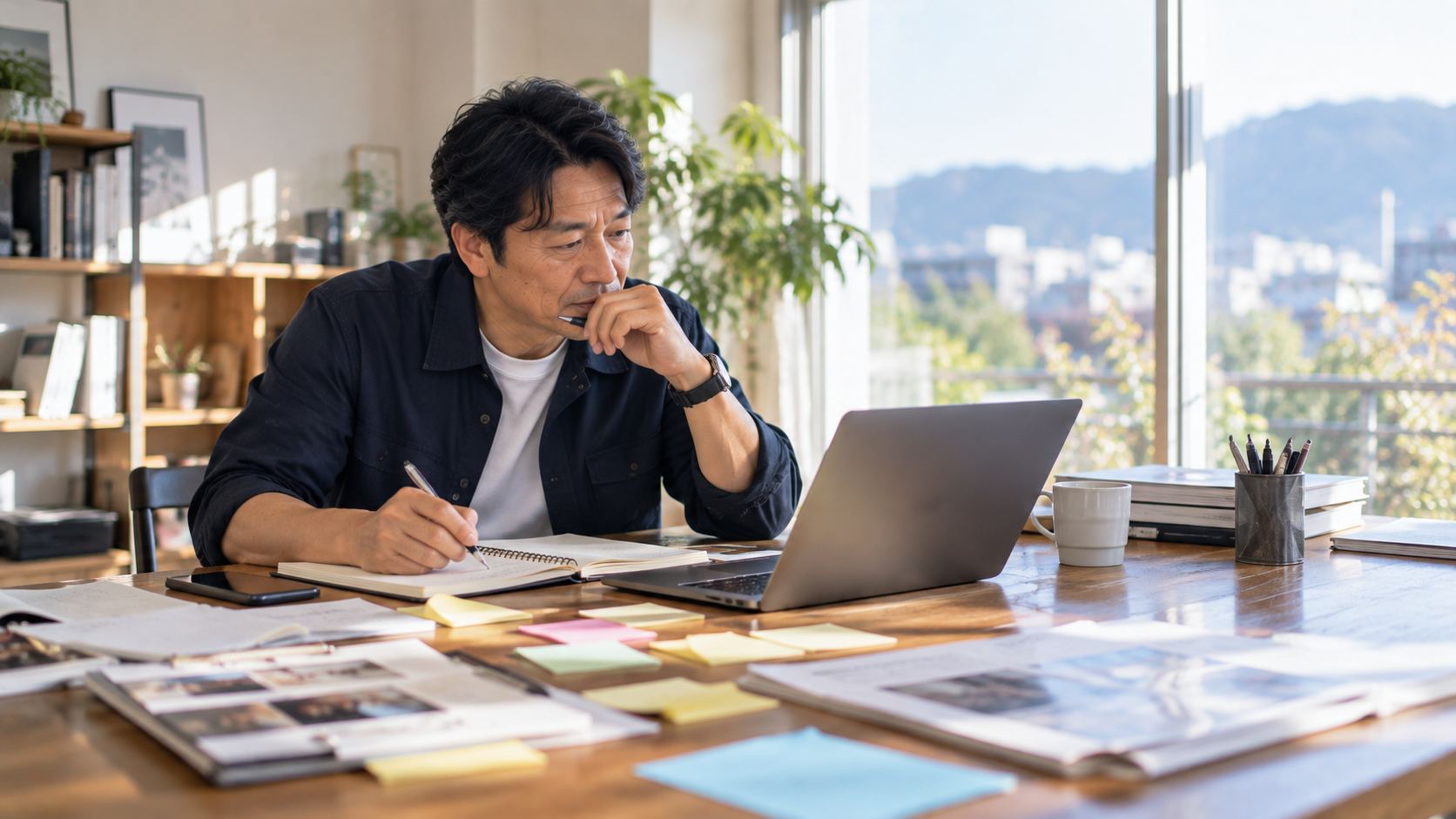 資料を広げてノートに考えを書き出す様子