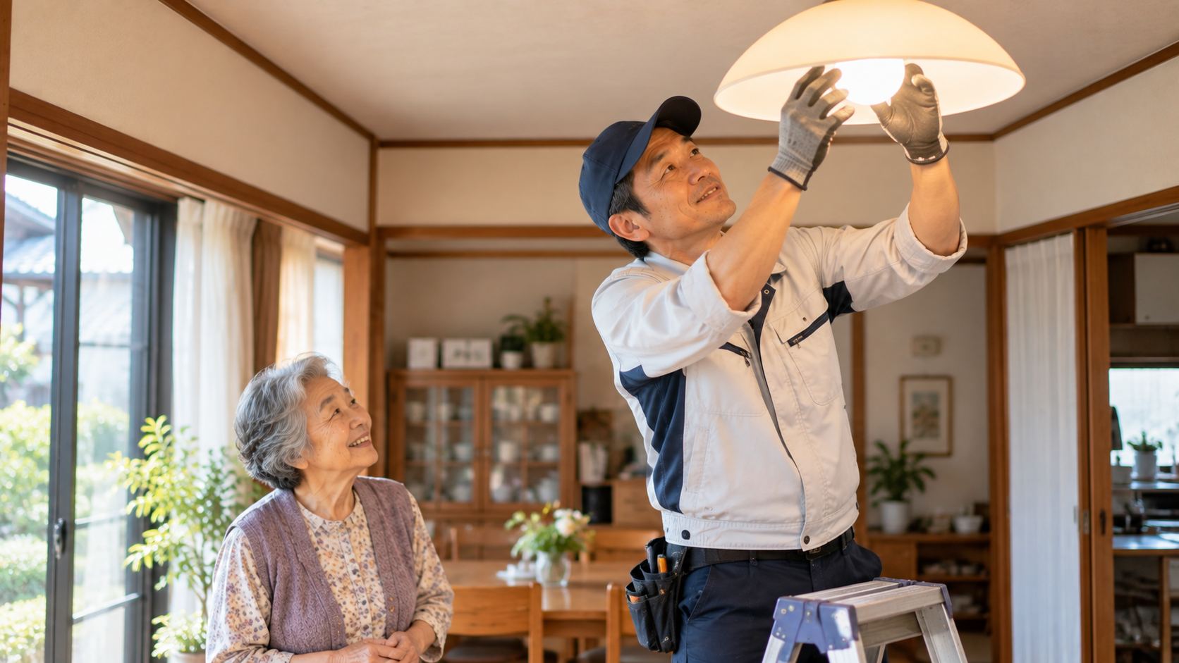 住まいの照明を直す様子を見守る高齢の女性