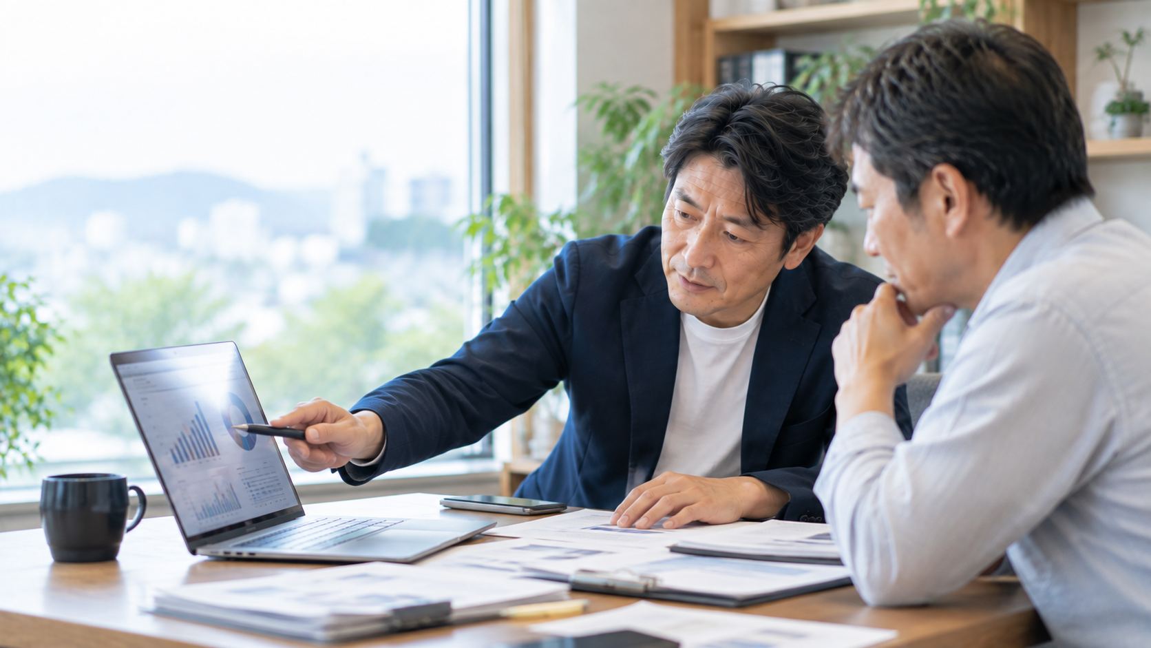 画面を指しながら、目的を一緒に整理する様子