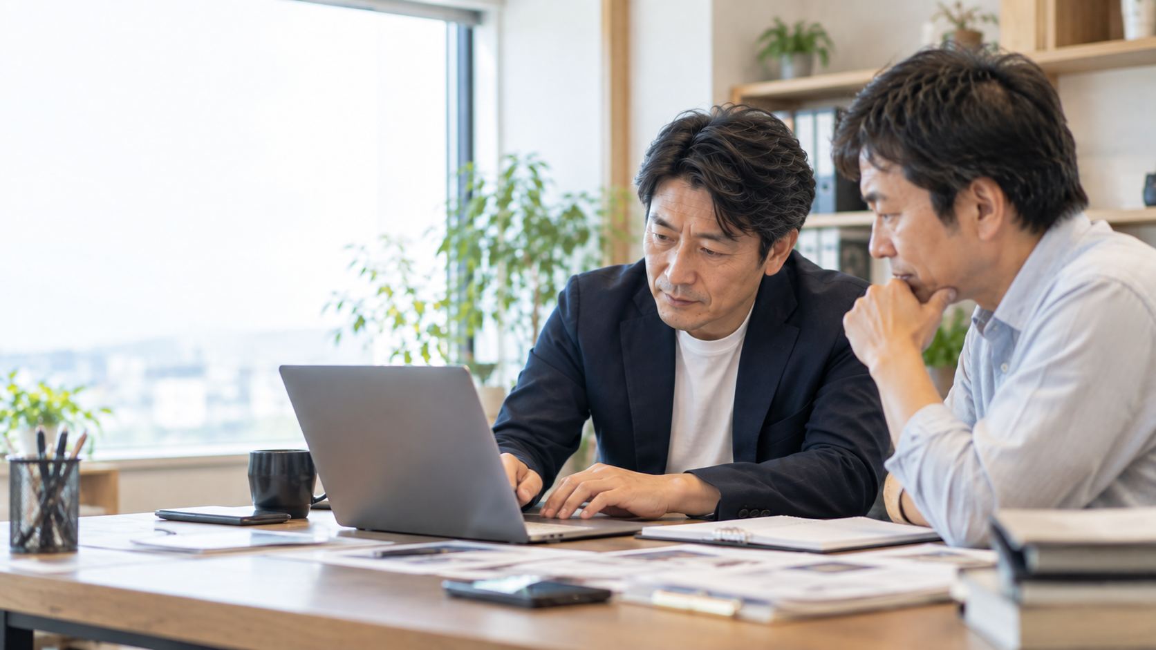 ノートパソコンを囲んで一緒に検討する様子
