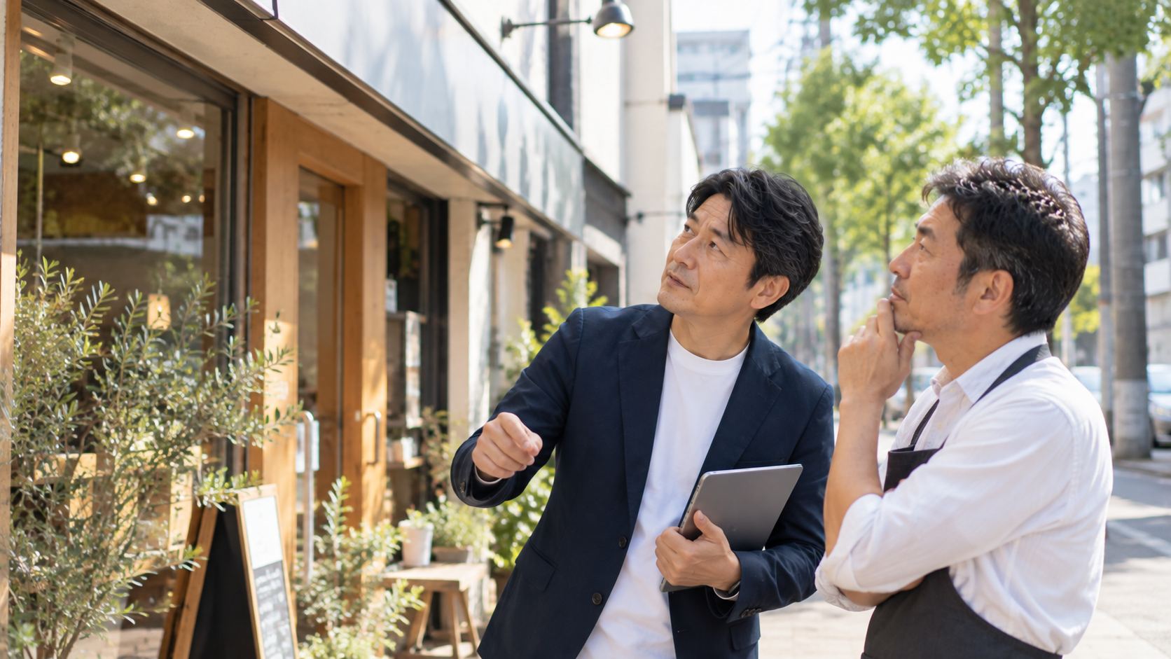飲食店の前で、店主と一緒に看板を見上げながら相談する様子