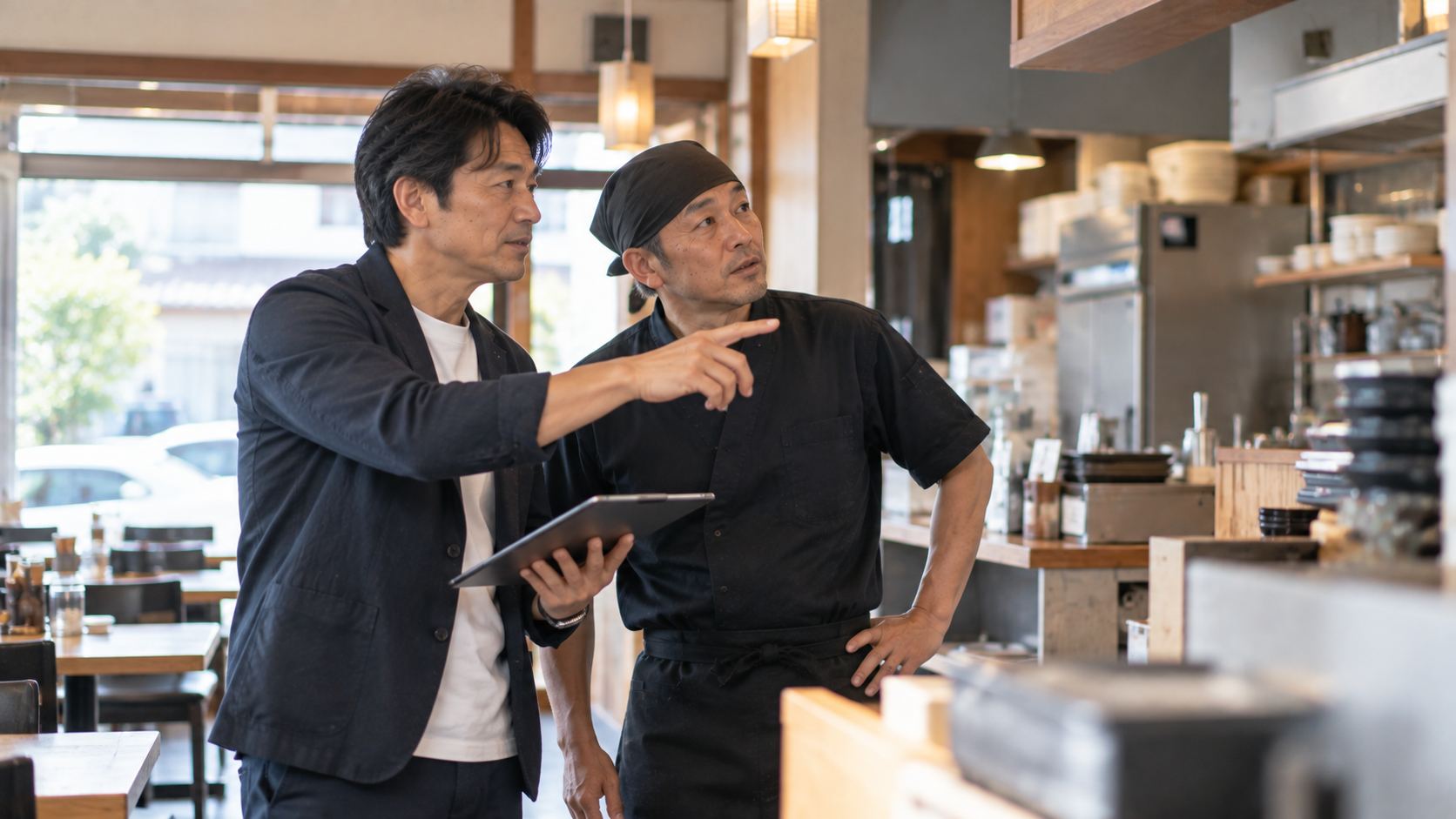 飲食店の店内を店主と一緒に見て回る様子
