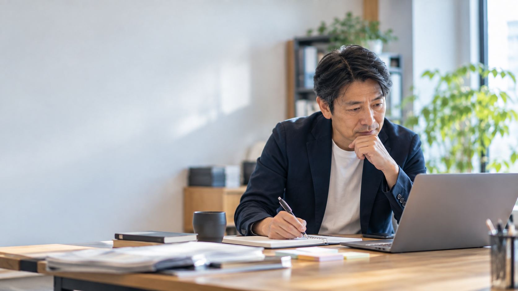 デスクでメモを取りながら考える様子