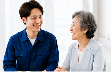 作業スタッフが高齢のお客様と笑顔で会話している様子